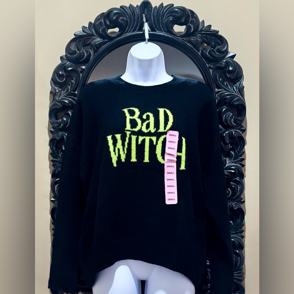Vince Camuto Black Sweater with Neon Green “Bad Witch”